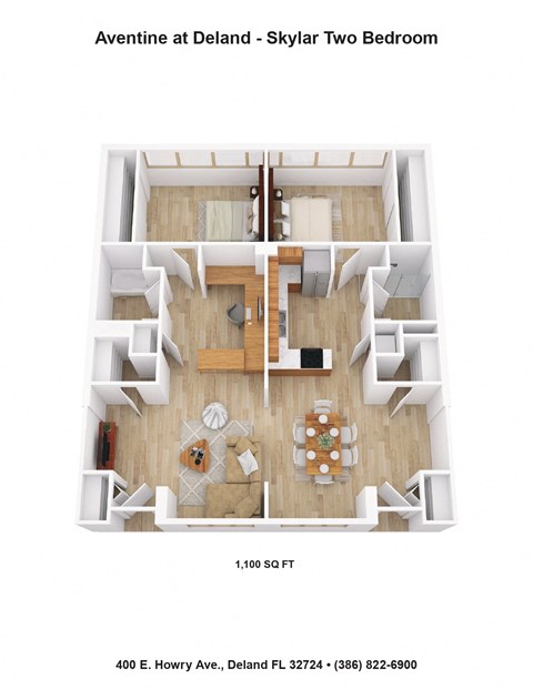 Floor plan for 2 beds, 2 baths, 1100 sqft